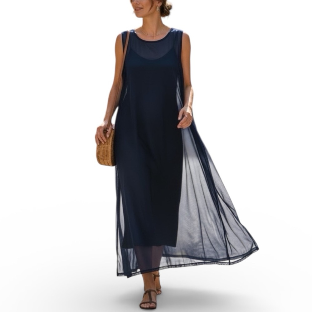 Liz Claiborne 1st ISSUE SHEER NAVY BLUE MAXI DRESS Women’s Size 18 ECU